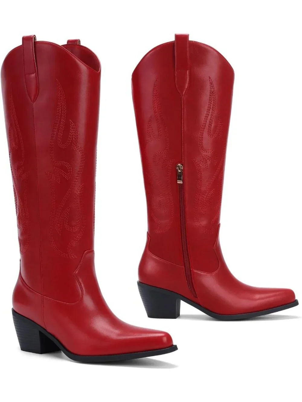 Women's Dark  Red Knee High Wide Calf Cowboy Boots, Pointed Toe Chunky Heel - Picture 4 of 5